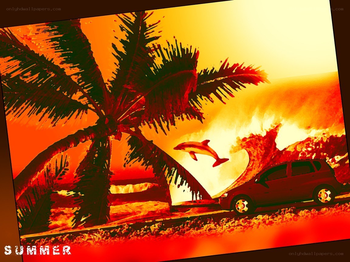 tropical sunset with car and dolphin