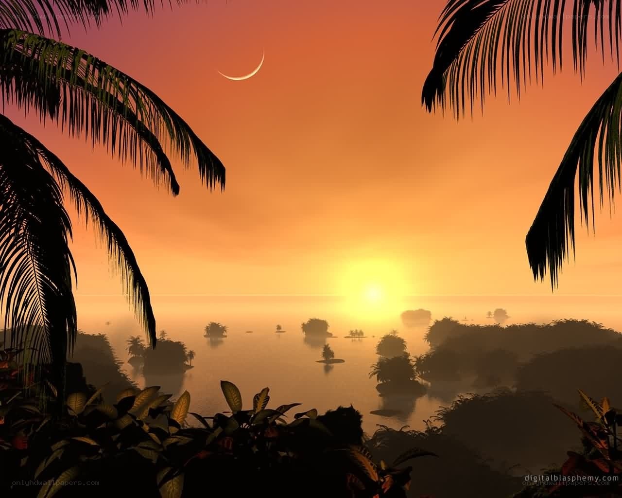Tropical sunset with crescent moon