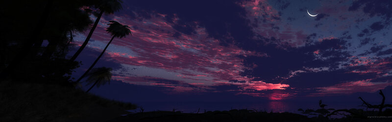 tropical sunset with crescent moon