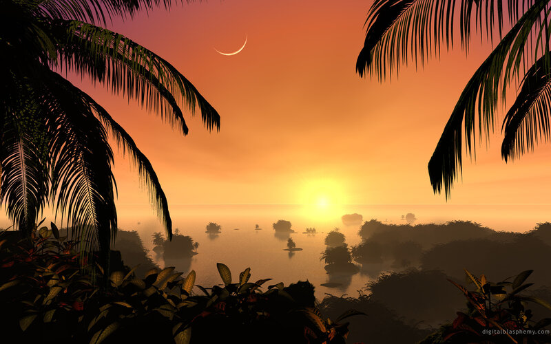 tropical sunset with crescent moon