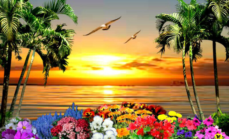 Tropical Sunset with Flowers