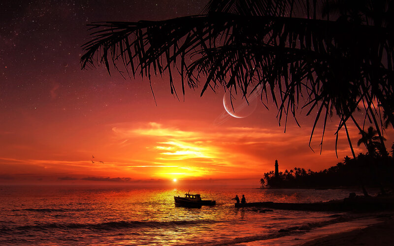 Tropical sunset with moon