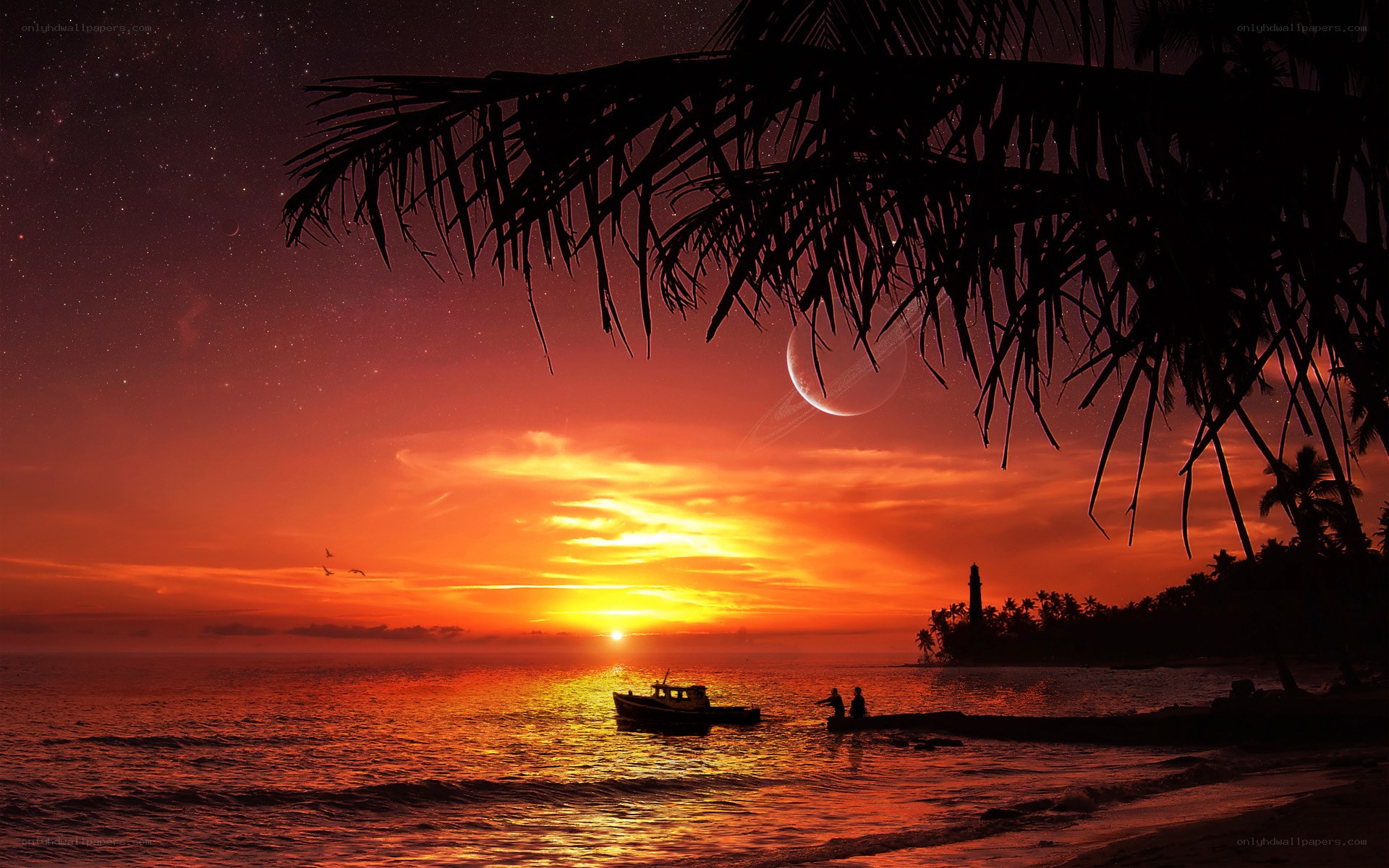 Tropical sunset with moon
