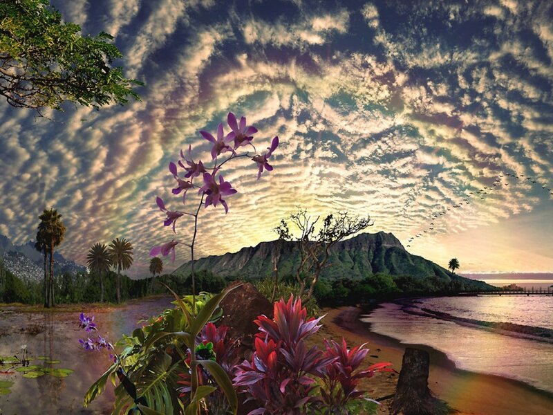 Tropical sunset with mountain view