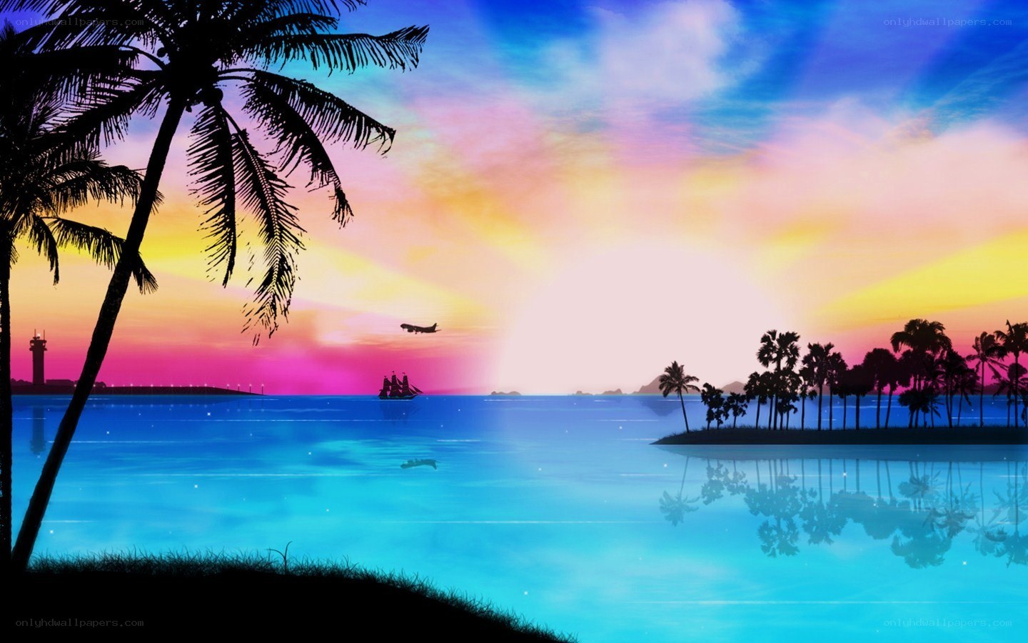 tropical sunset with palm trees