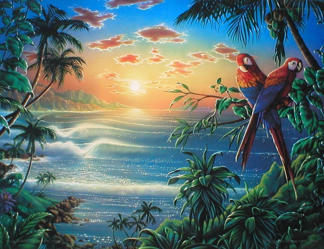 Tropical sunset with parrots