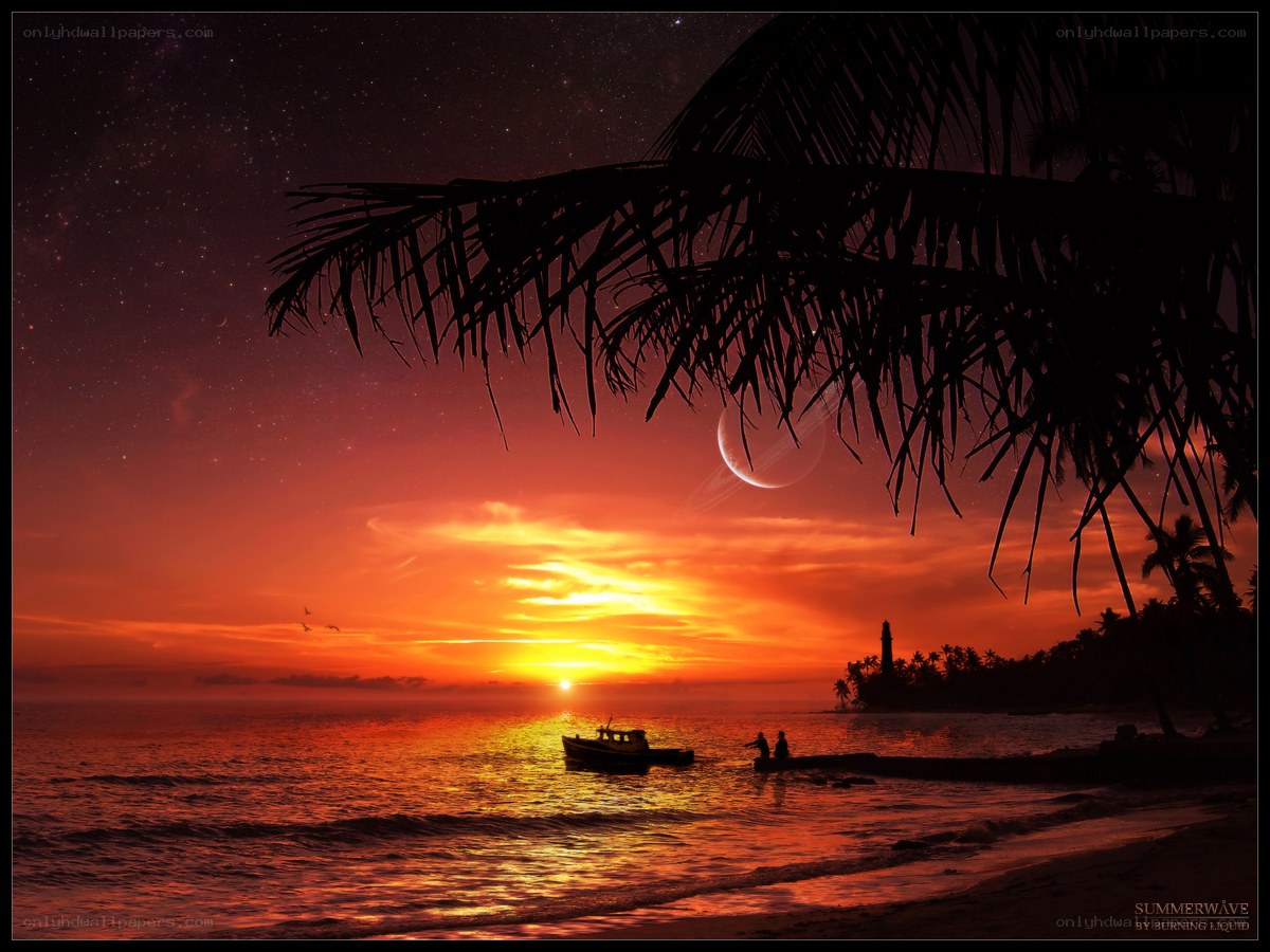 Tropical Sunset with Ringed Planet