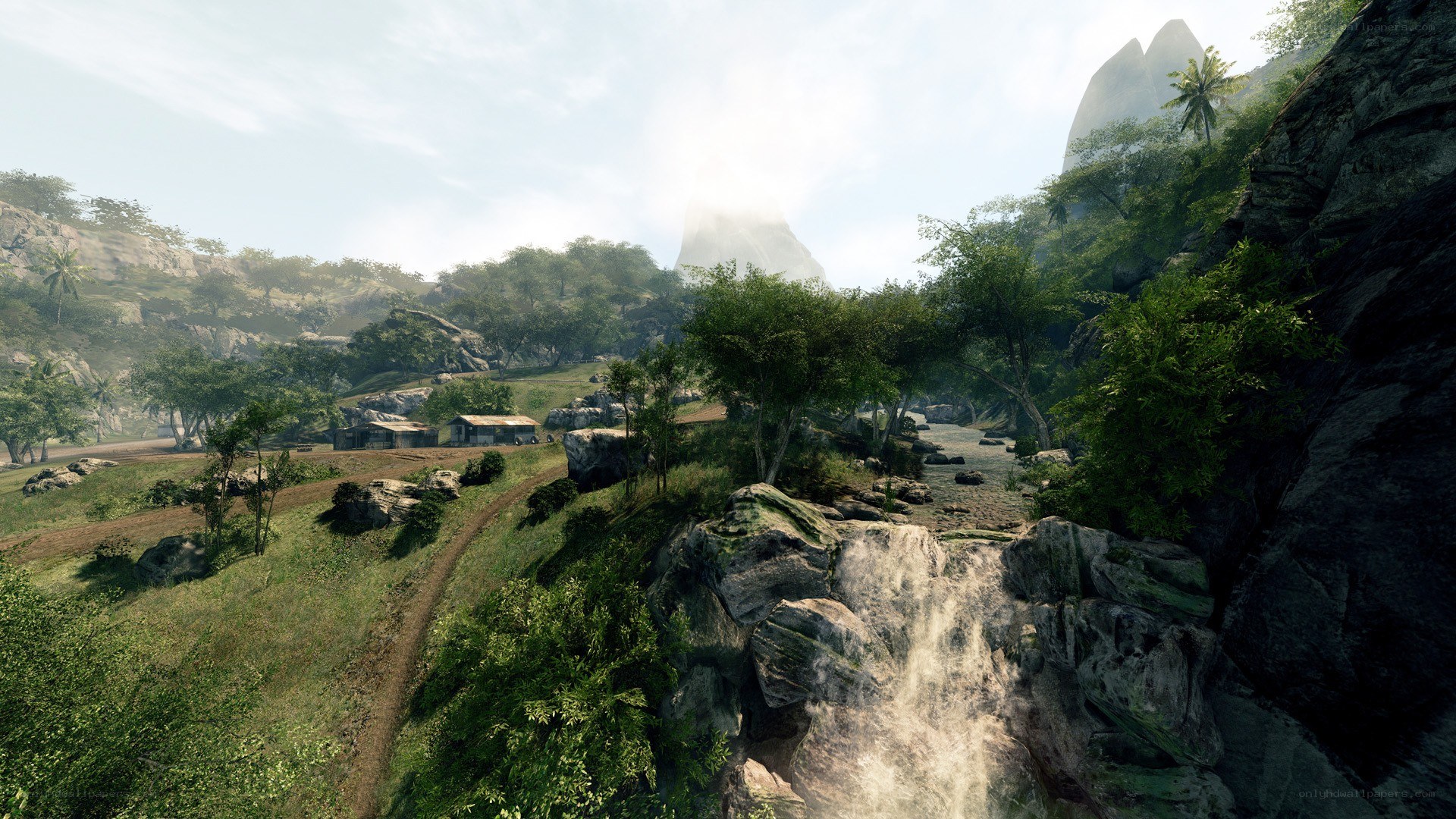 tropical valley with waterfall