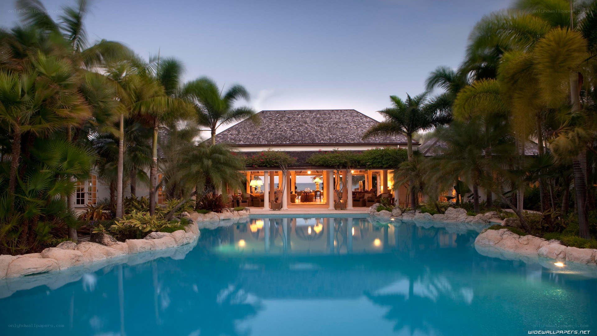 tropical villa at dusk