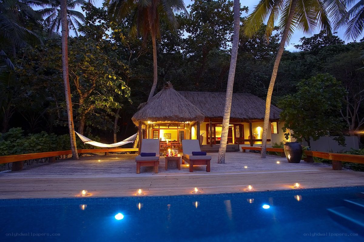 tropical villa at dusk