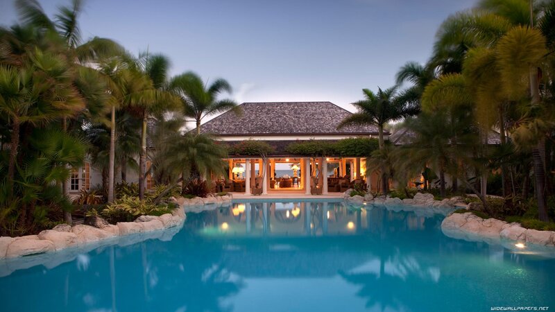 Tropical Villa at Dusk — Blue, Serene, Sunset