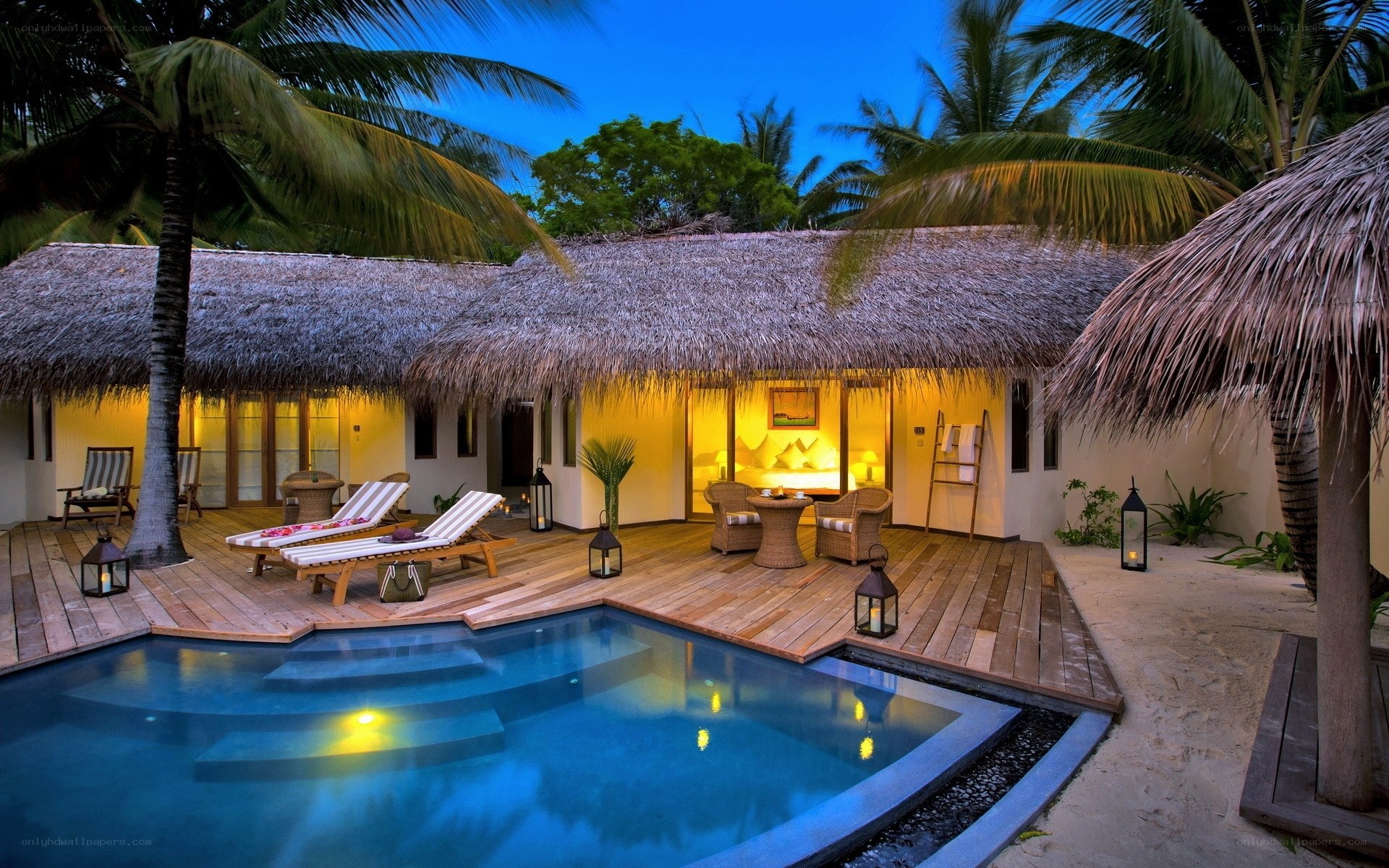 tropical villa at dusk