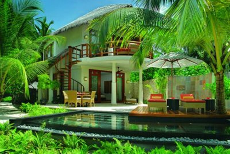 Tropical Villa with Pool — Green, Serene, Afternoon, Photograph, Palm Trees