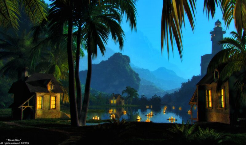 Tropical Village at Night