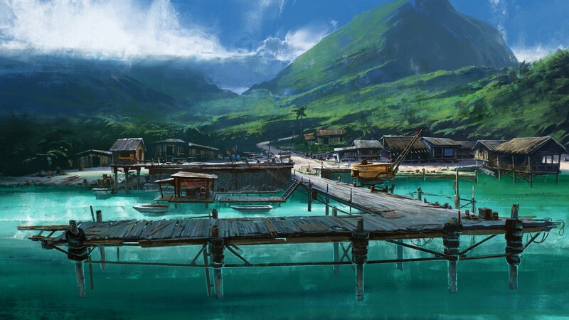 tropical village by the sea