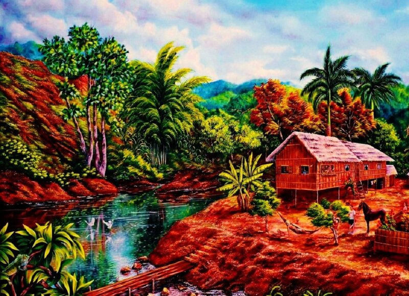 Tropical Village Scene — Green, Serene