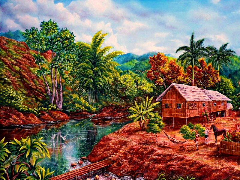 Tropical Village Scene — Green
