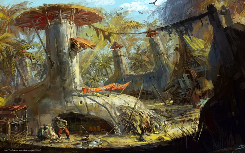 Tropical village with ruins