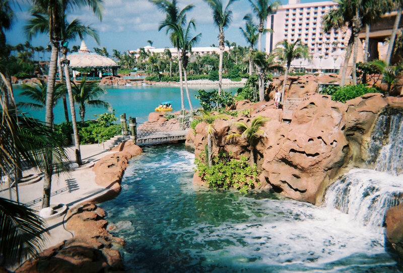 tropical water park with waterfall