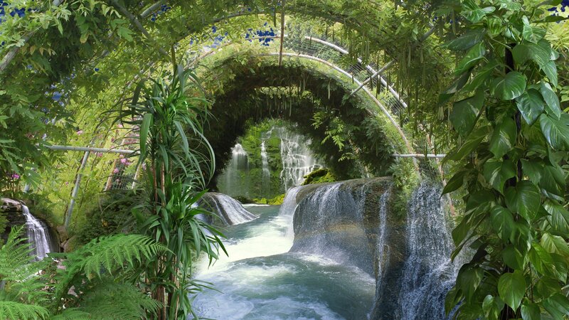 Tropical Waterfall Garden — Green, Serene, Afternoon, Digital Art, Plants, Archway, Stream