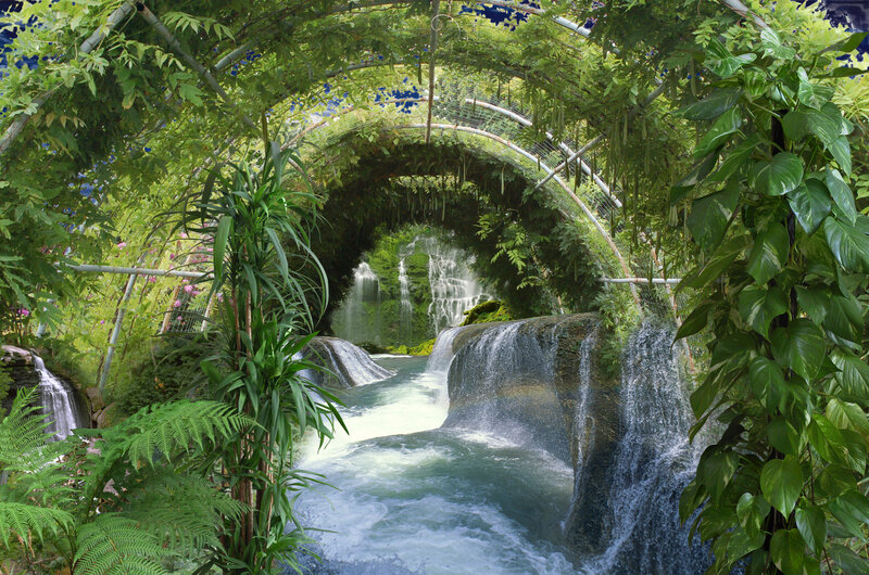 Tropical Waterfall Garden — Green, Serene, Afternoon, Digital Art, Plants