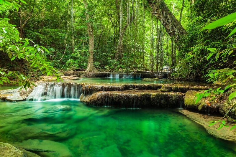 Tropical Waterfall in Forest — Green, Serene