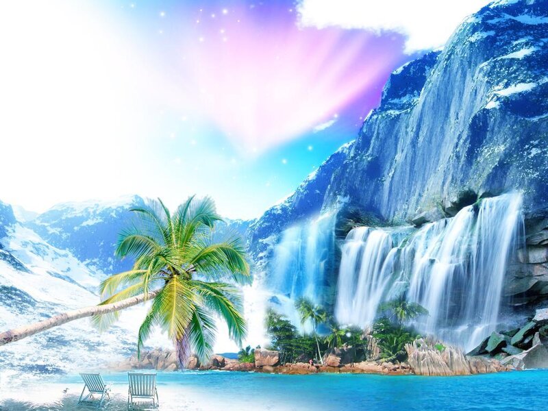 Tropical Waterfall Landscape — Blue, Serene, Afternoon