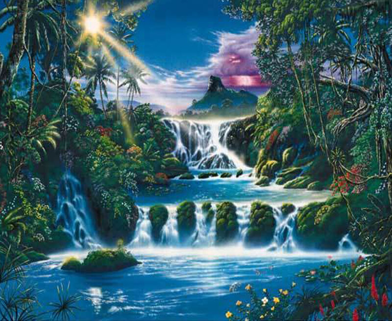 Tropical Waterfall Landscape — Blue, Serene, Morning