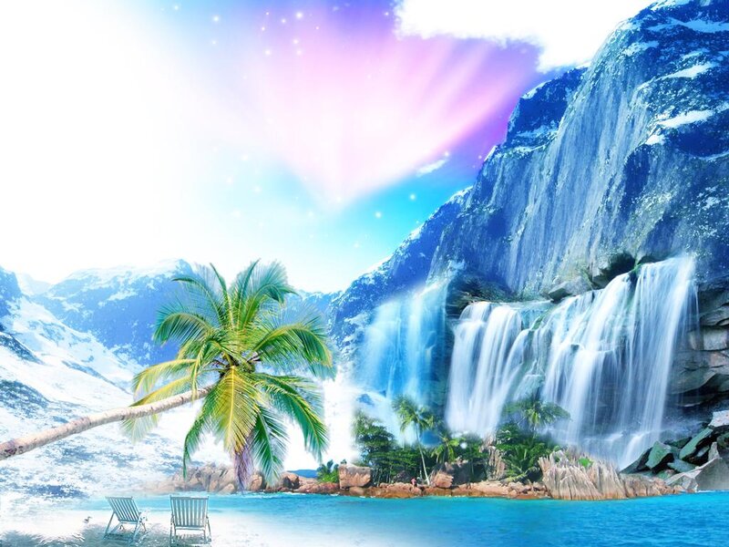 Tropical Waterfall Landscape — Blue, Serene