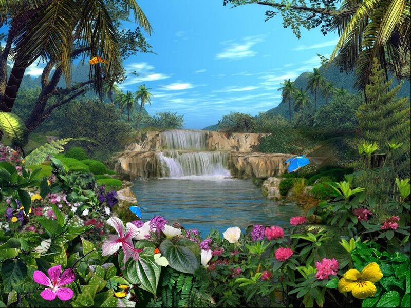 Tropical Waterfall Landscape — Green, Serene, Afternoon, Digital Art, Flowers