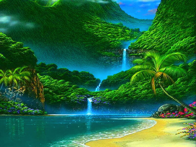 Tropical Waterfall Landscape — Green, Serene, Afternoon, Digital Art, Palm Tree