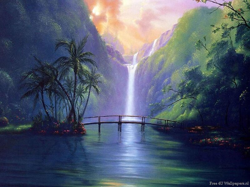 Tropical Waterfall Landscape — Green, Serene, Sunset, Painting, Palm Trees, Bridge, River