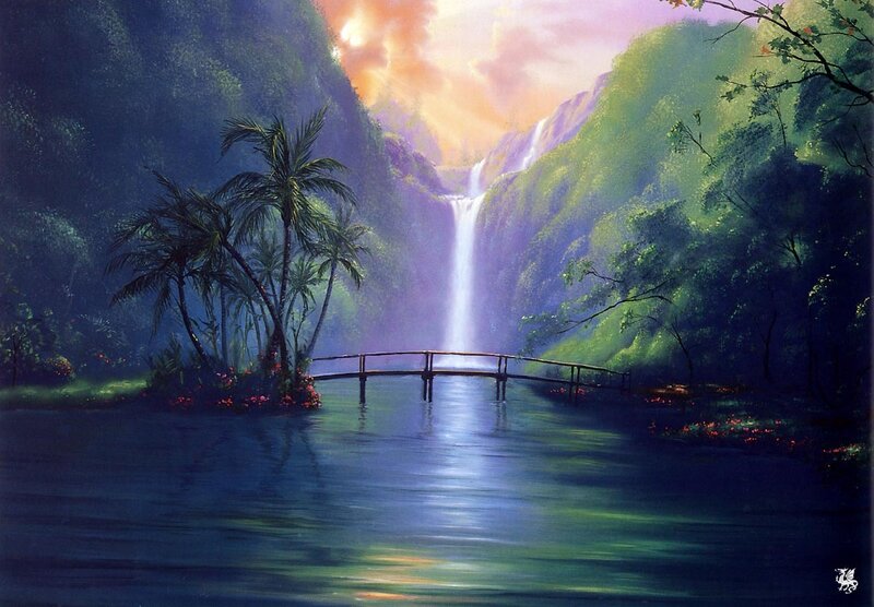 Tropical Waterfall Landscape — Green, Serene, Sunset, Painting, Palm Trees, Bridge