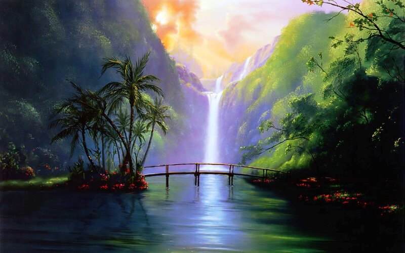Tropical Waterfall Landscape — Green, Serene, Sunset, Painting