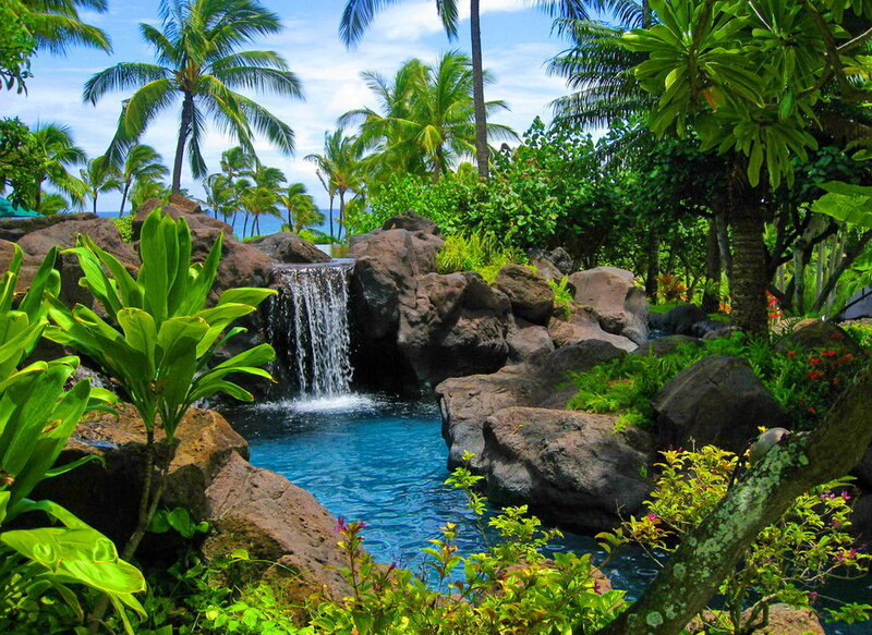 Tropical Waterfall Pool — Blue, Serene, Afternoon