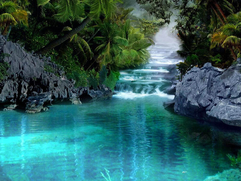 Tropical Waterfall Pool — Blue, Serene