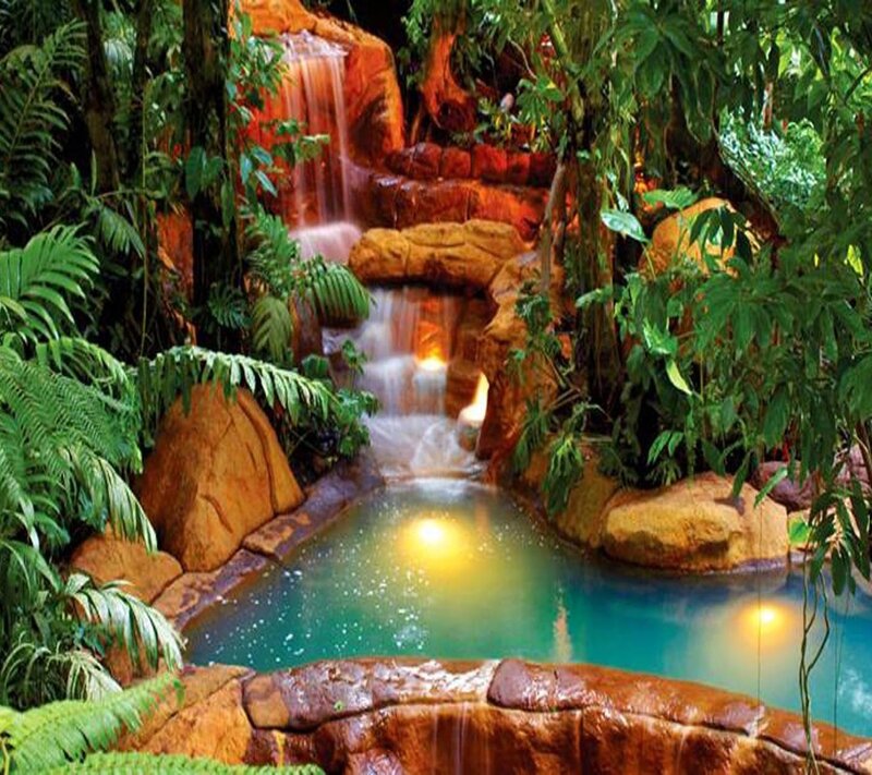 Tropical Waterfall Pool — Green, Serene, Night