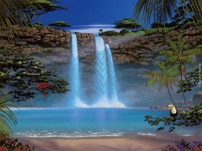 Tropical Waterfall Scene — Blue, Serene, Afternoon