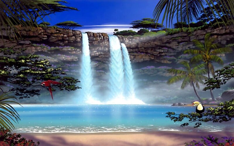 Tropical Waterfall Scene — Blue, Serene