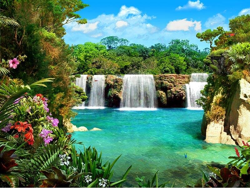 Tropical Waterfall Scene — Blue