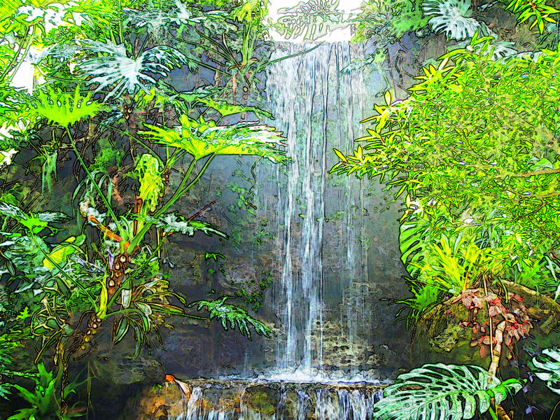 Tropical Waterfall Scene — Green, Lush, Digital Art