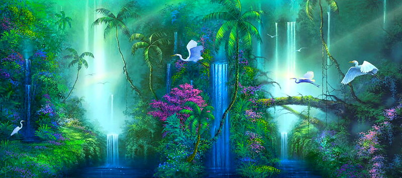 Tropical Waterfall Scene — Green, Serene, Morning