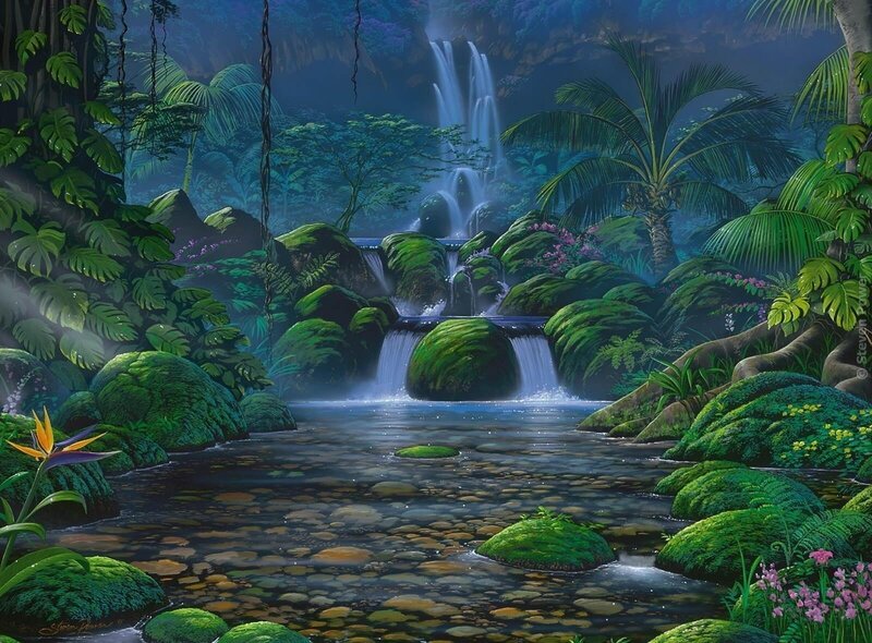 Tropical Waterfall Scene — Green, Serene, Night