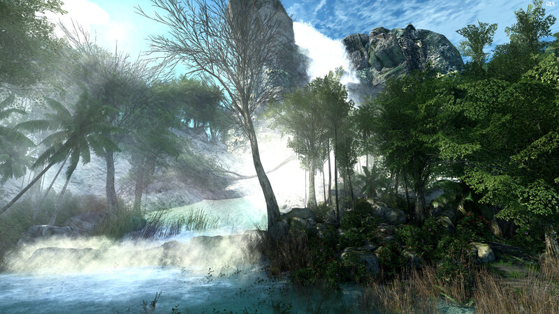 Tropical Waterfall Scene — Green, Serene