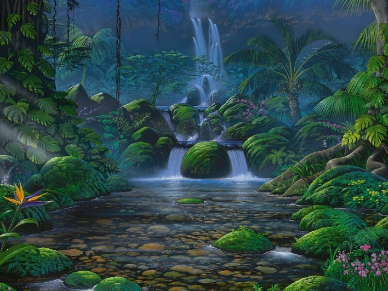 Tropical Waterfall Scene — Green