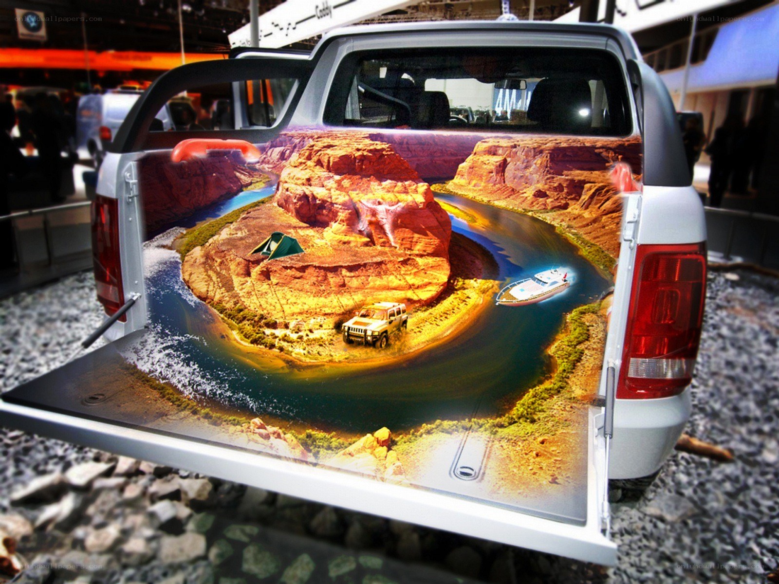 Truck bed with canyon scene