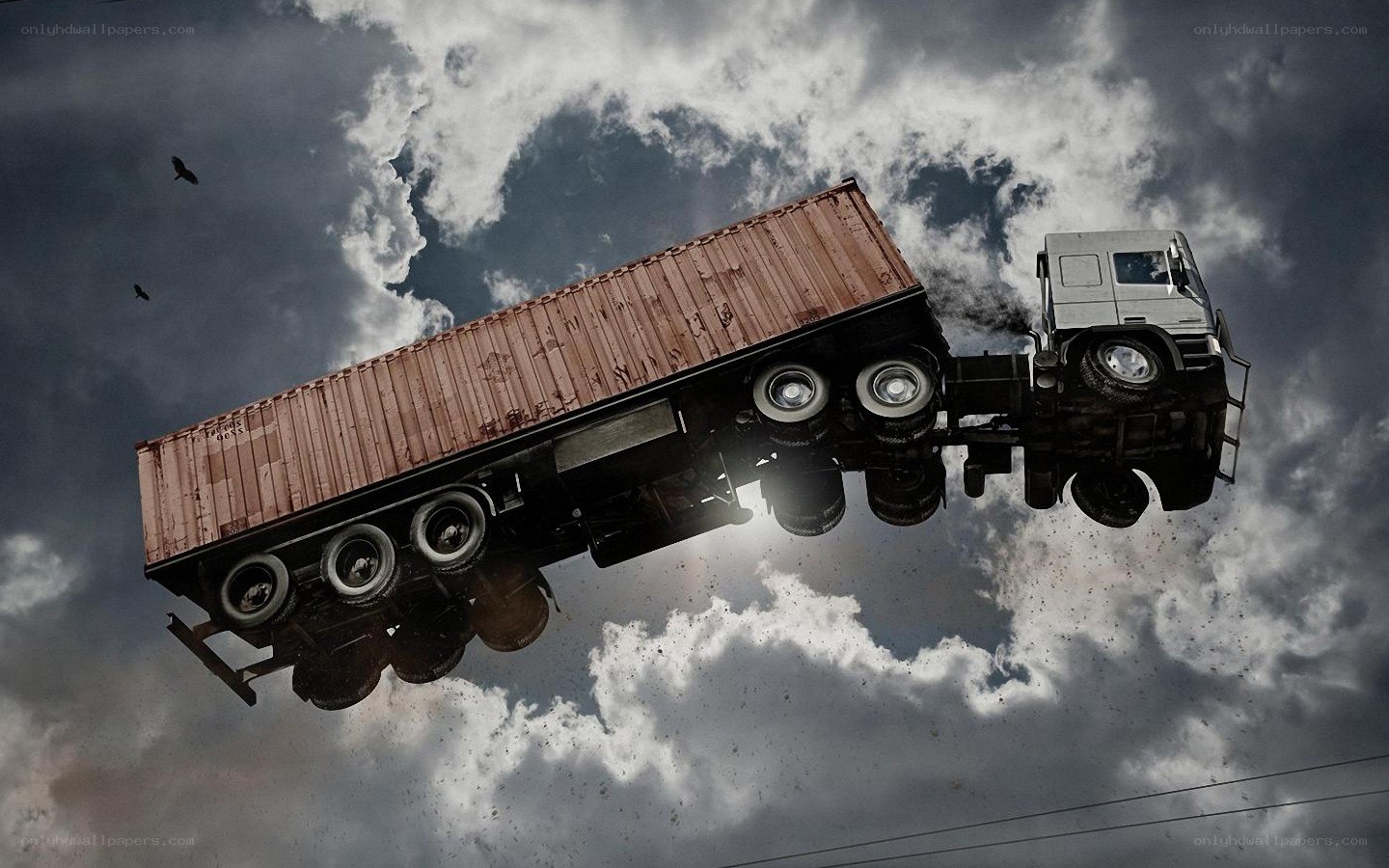 Truck floating in stormy sky