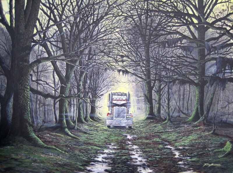 Truck in a misty forest