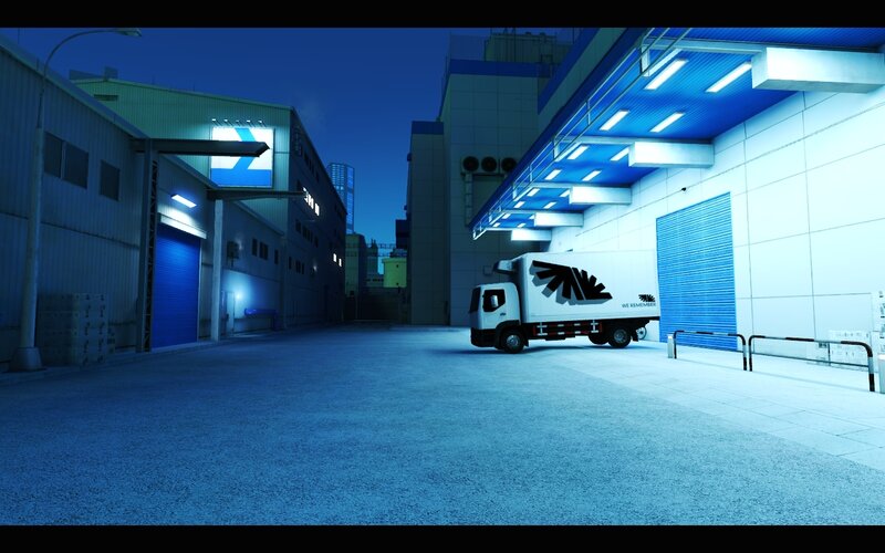 truck in industrial alley at night