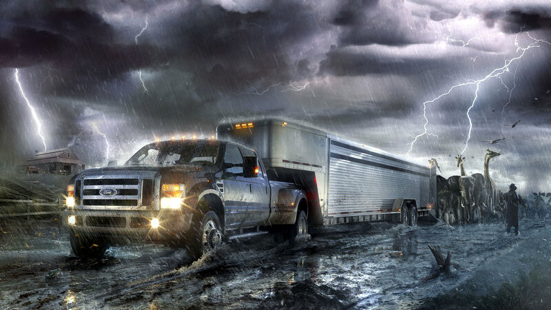 Truck in storm with animals